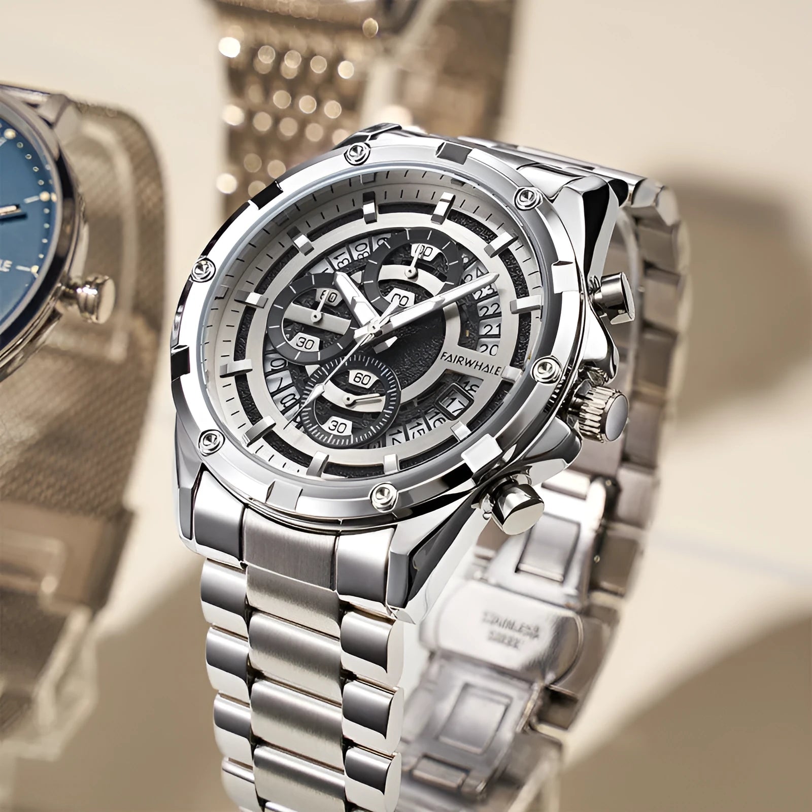 Men's waterproof luminous casual quartz watch with steel belt in black and blue, black and gold, or silver and white colour options