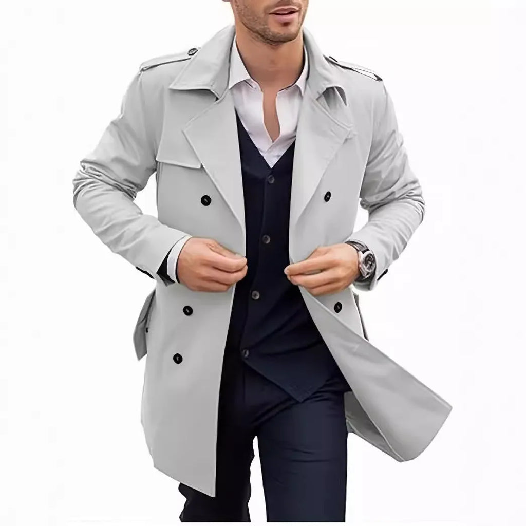Men's double breasted mid-length polyester coat in black front view