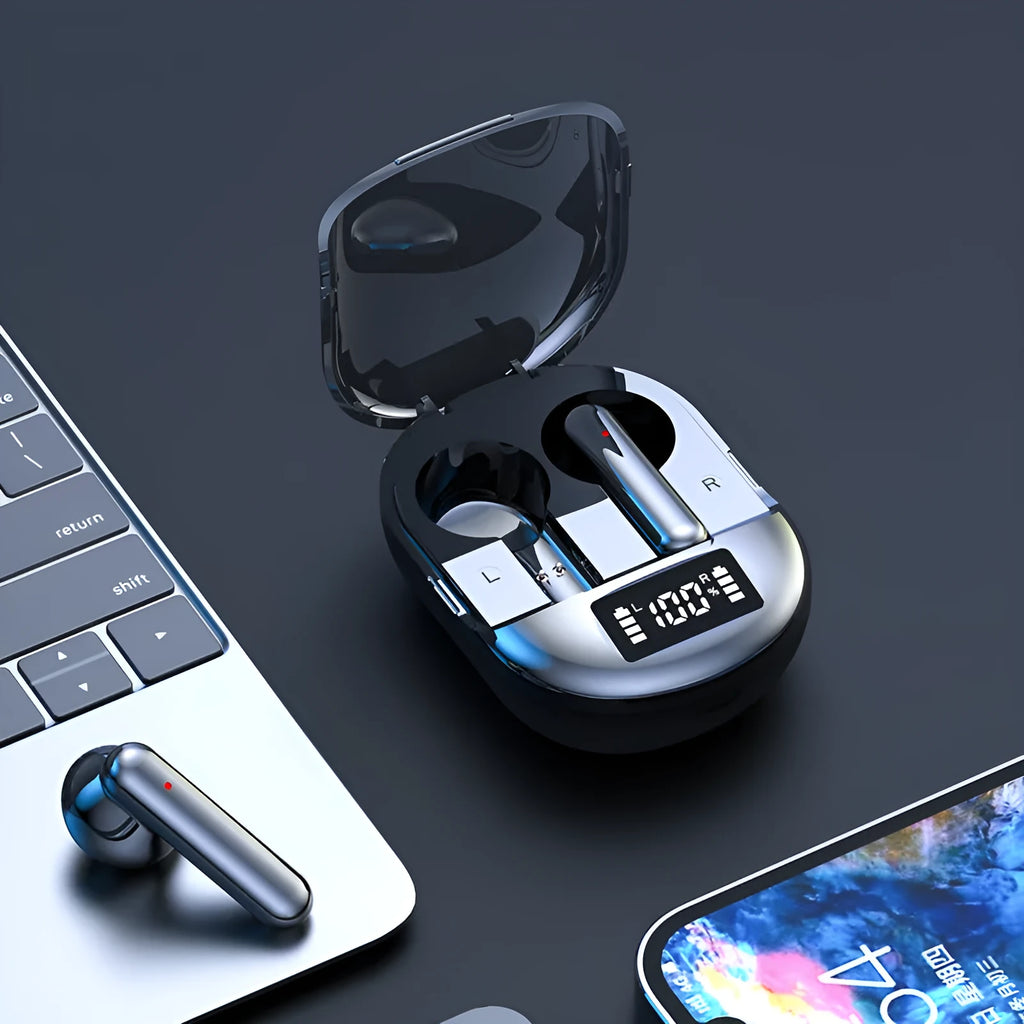 Black wireless Bluetooth in-ear headphones with digital display screen next to charging case