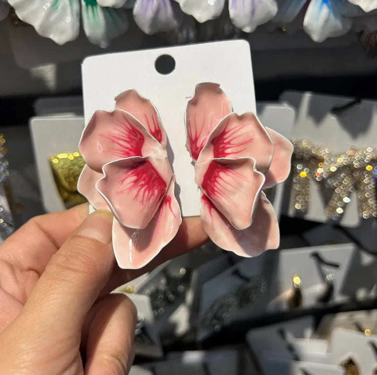 Alloy flower stud earrings with oil-spot glaze finish in blue, green, purple and rose colours