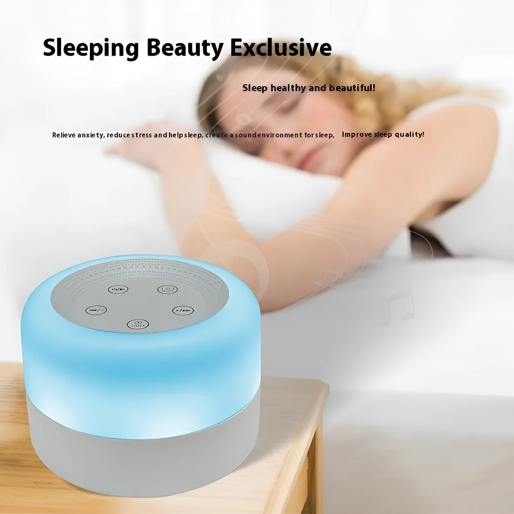 White rechargeable white noise sleeping aid table lamp with colourful lights on bedside table