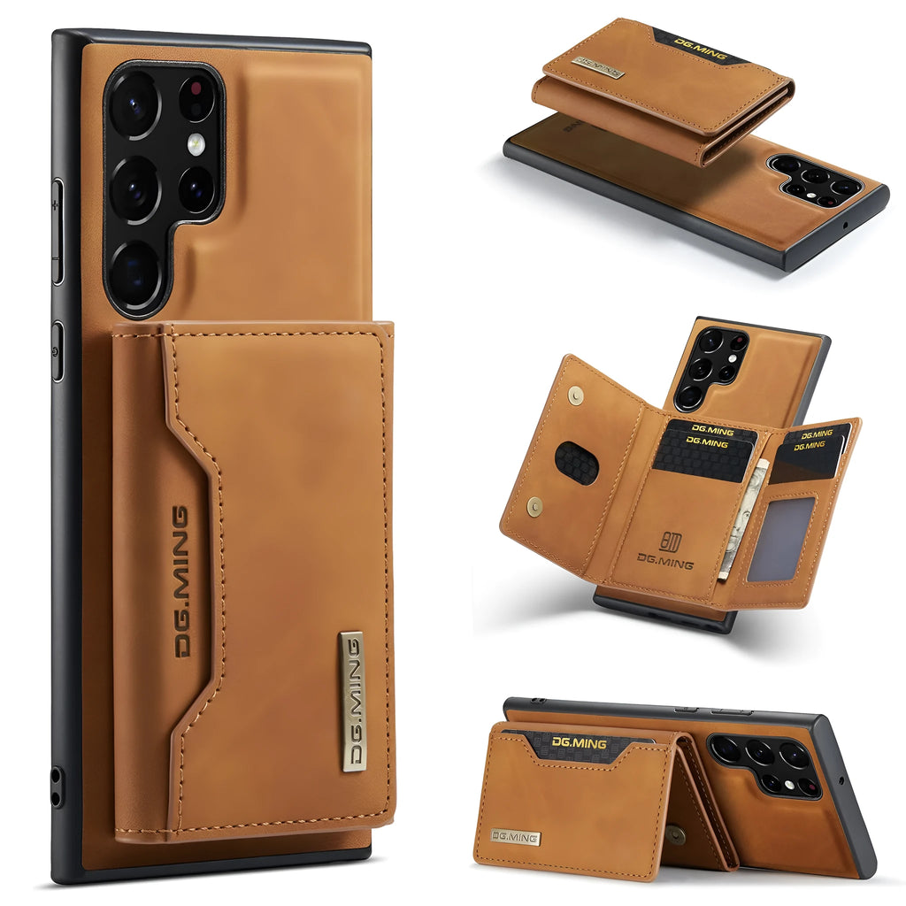 Magnetic card holder 2-in-1 wireless charging case for Samsung, PU leather, slim wallet phone case with card slot, black finish