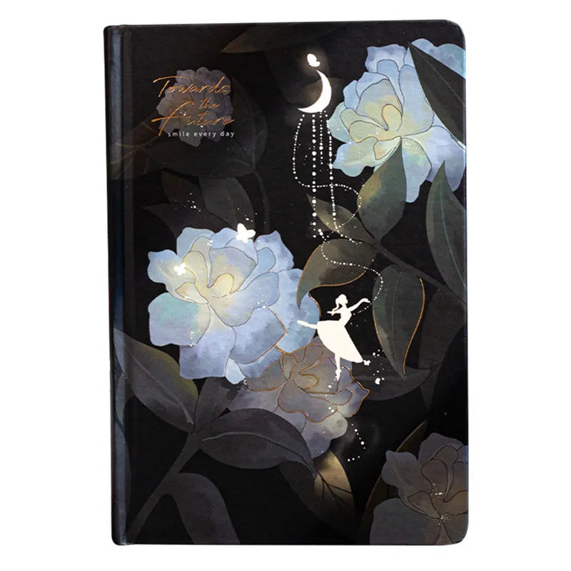 A5 notebook with luminous cover showing colour illustration pages inside, available in Deep Blue, Gold, Light Blue, or Purple colours