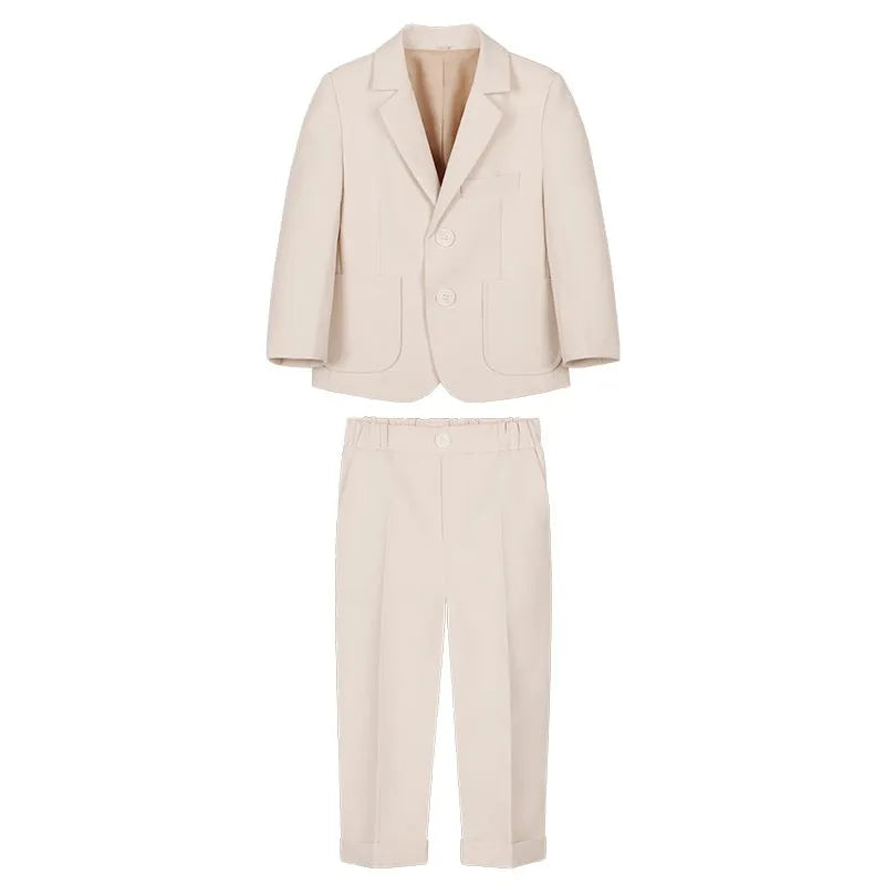 Boys British solid colour suit dress set with single-breasted jacket, long sleeves, vest, bow tie, and brooch in beige blue or gray