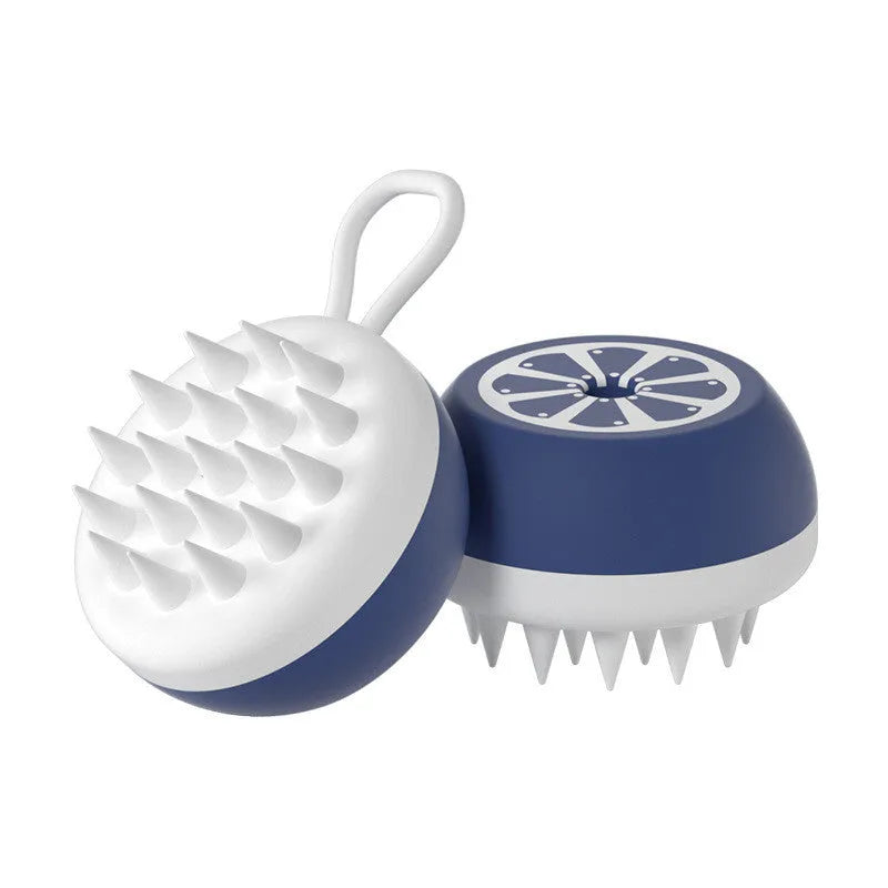 Yellow silicone pet bath brush with massage head design on wooden surface