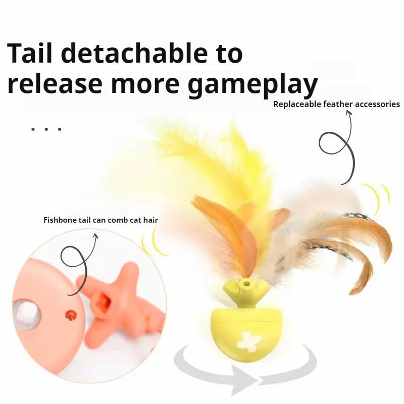 USB electric cat teasing ball toy with rotating fish bone design in blue, pink and yellow colour options
