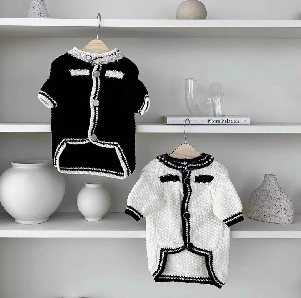 Korean-style dog sweater with pearl collar in black and white colours showing princess cut