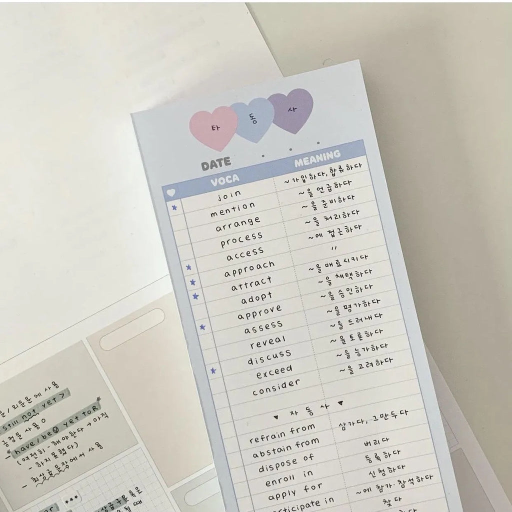 Vertical format B5 half-size notepad with English word printing in pink, purple, or blue cover options