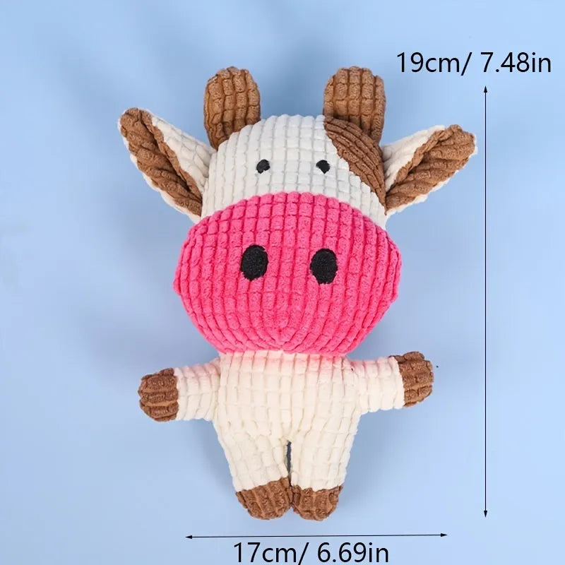 Animal-shaped plush dog chew toy with squeaker in assorted colours including blue, brown, and cow print.