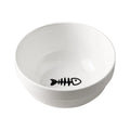 White ceramic cat bowl with decorative pattern and black iron frame support