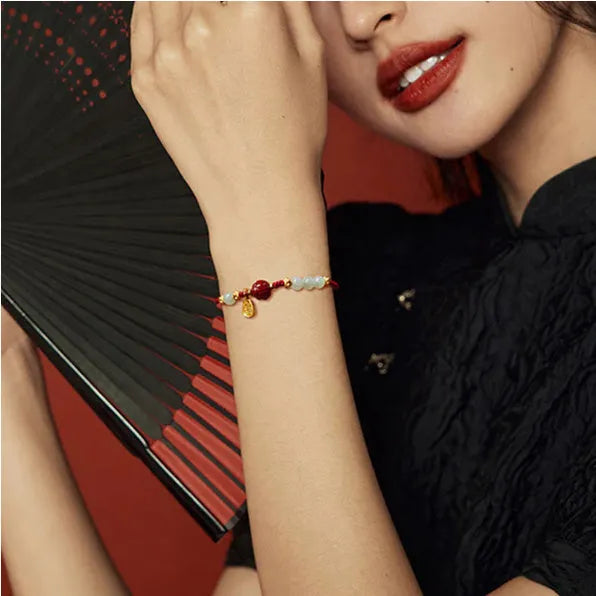 925 silver women's bracelet with Hetian jade, cinnabar red rope and adjustable chain