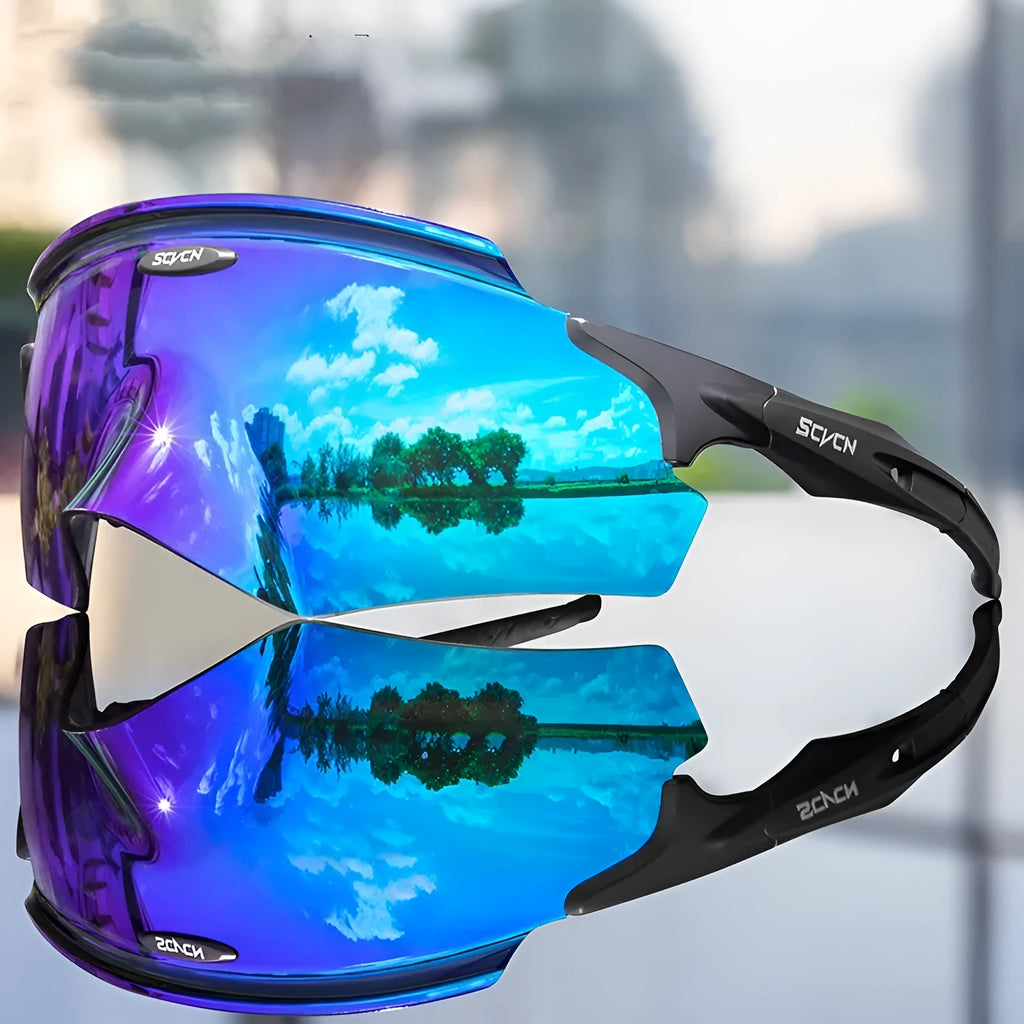Frameless athletic windproof glasses with a colourful integrated lens in multiple style options.