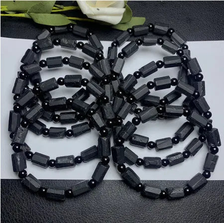 Natural black tourmaline rough stone bracelet with elastic adjustable fit for men and women