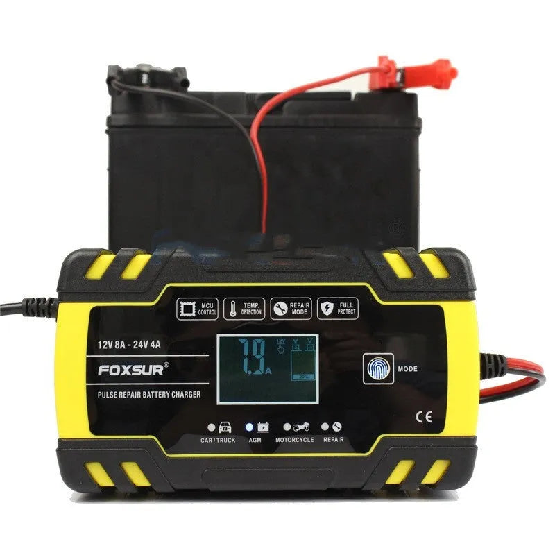 12V 24V vehicle battery charger with screen display showing charging parameters