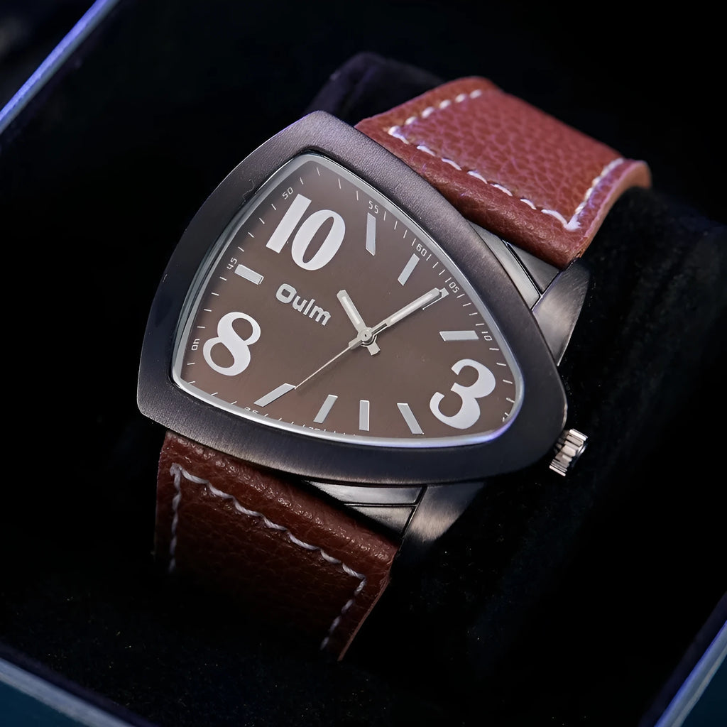 Men's casual wristwatch with a triangle belt strap in a choice of brown, black, or black and blue, showing a slim side profile.
