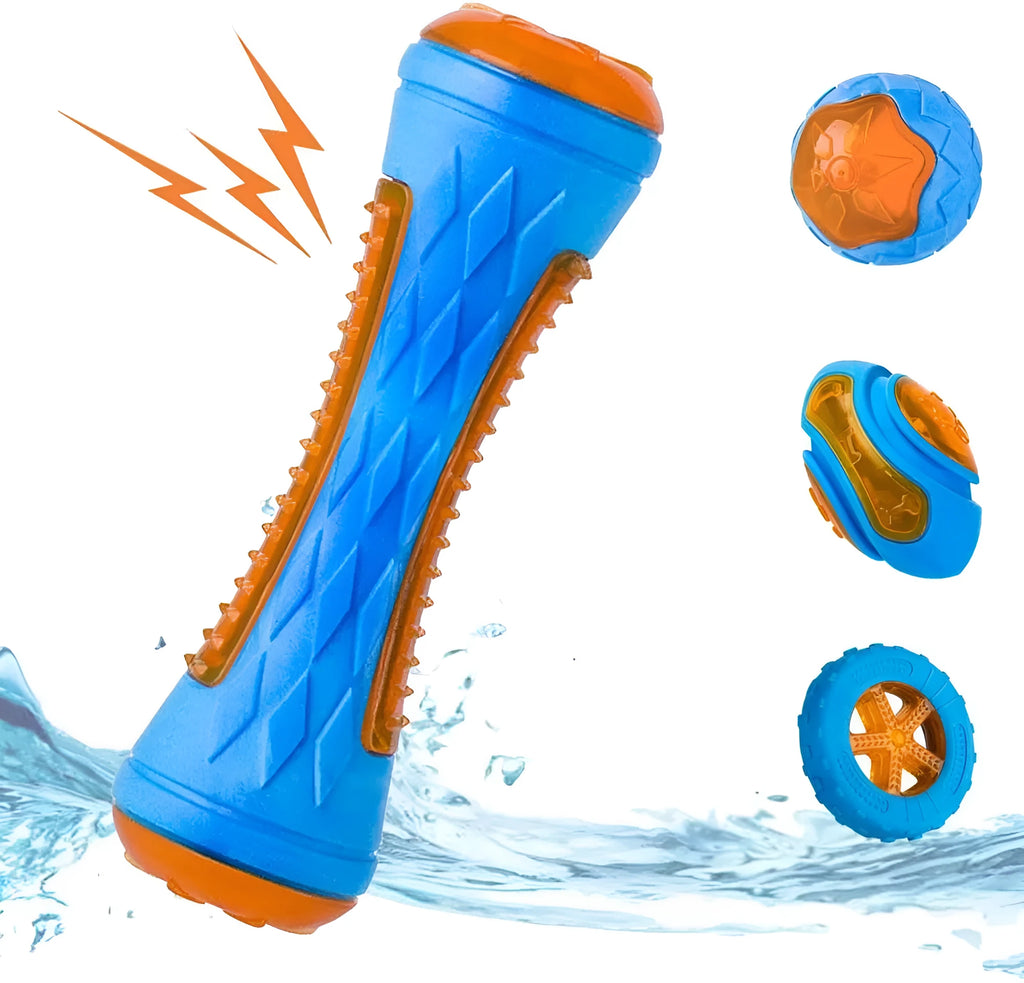 Set of three floating dog toys: blue ball, red barbell, and orange tyre with squeakers