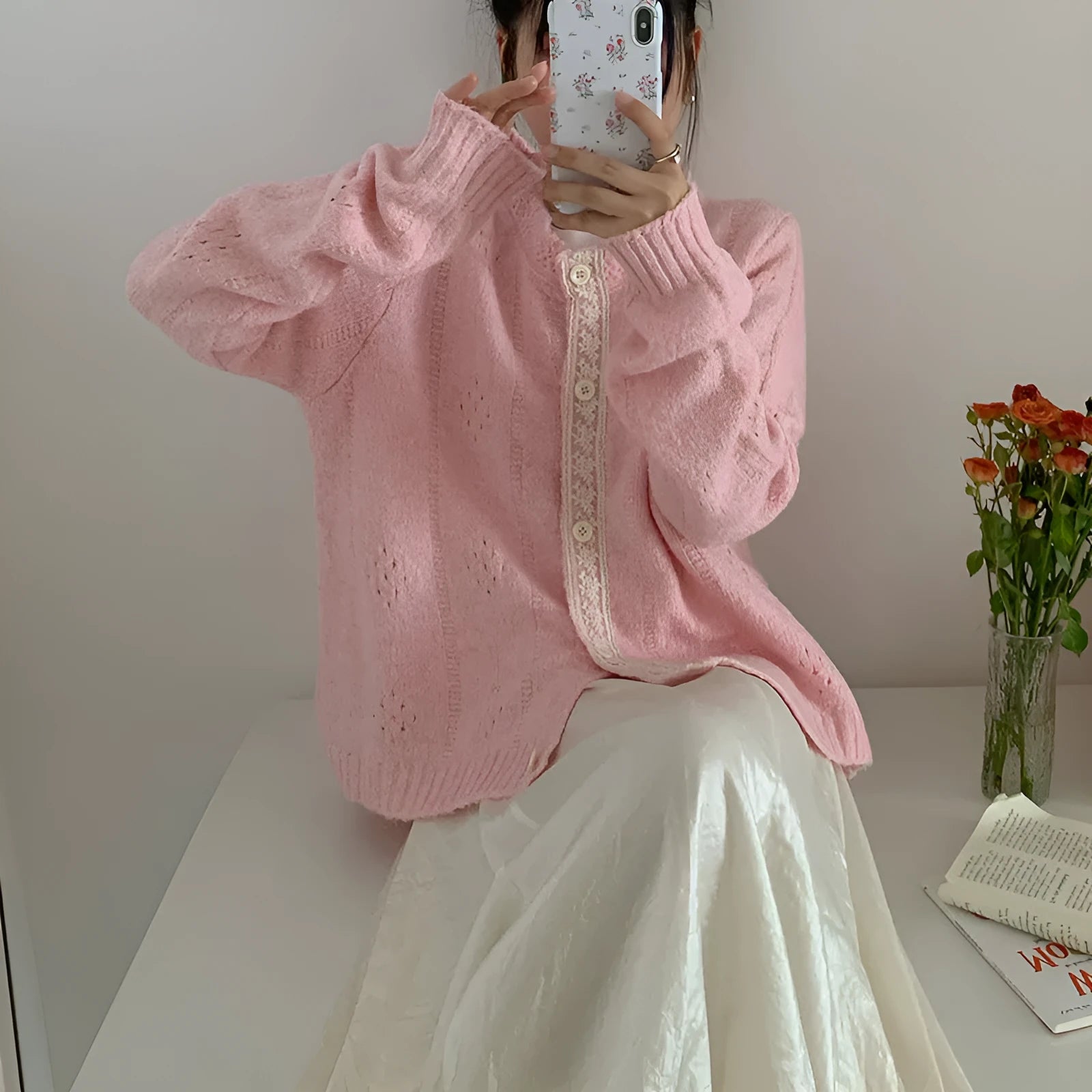 Korean artistic retro style sweater coat in loose fit cardigan design, shown in apricot colour