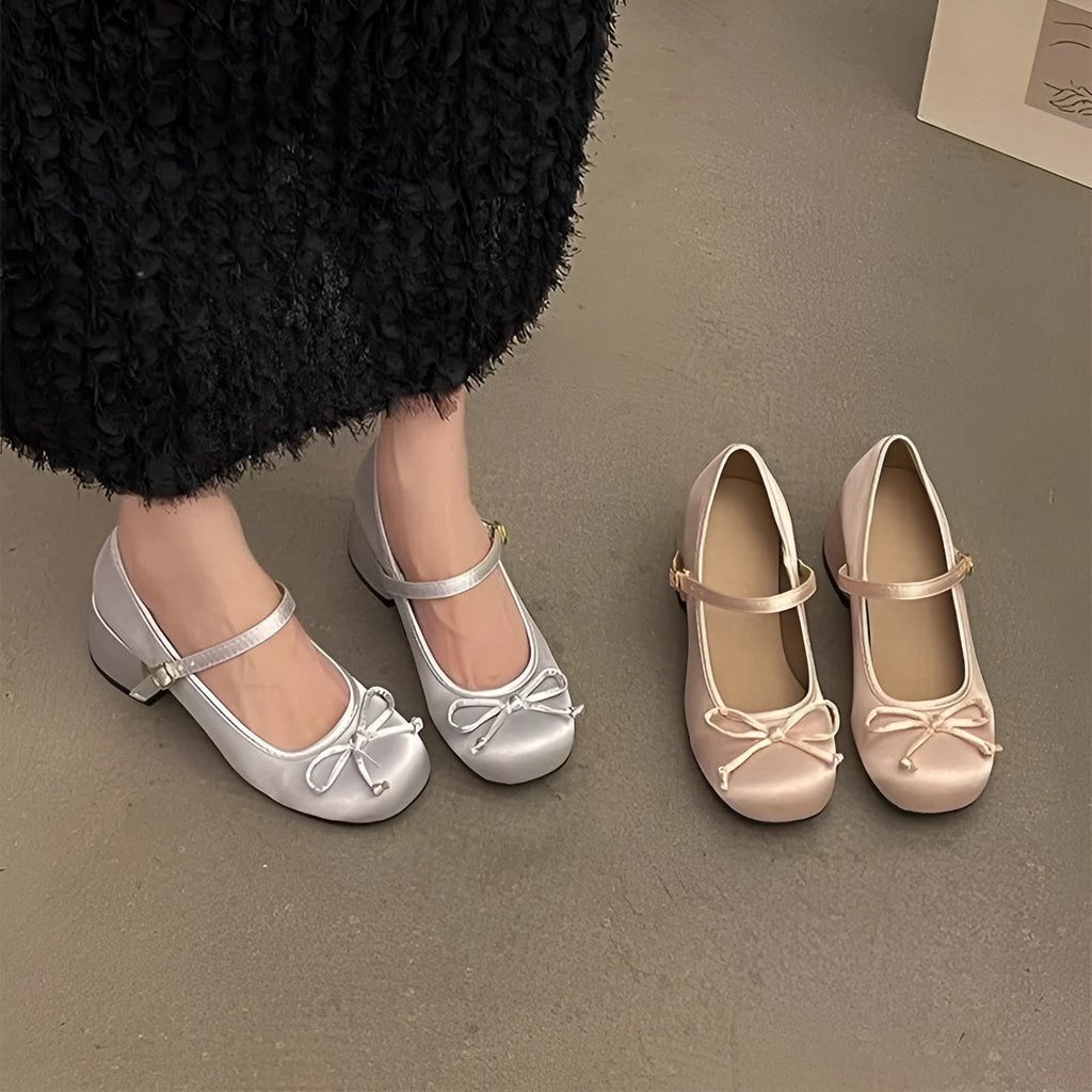 Women's Mary Jane shoes with chunky heel, round toe, buckle strap, pink colour, PU upper