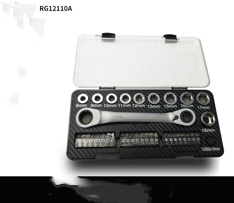 Dual-purpose ratchet wrench set with ten sockets and three bit heads laid out on a work surface.