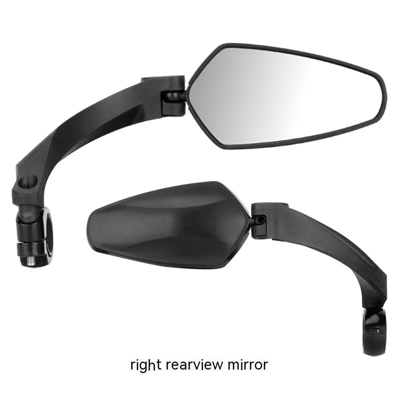 Black rotatable bicycle rearview mirror with large acrylic reflective surface mounted on handlebars.