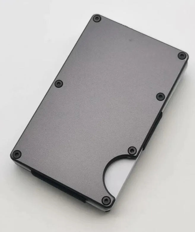 Carbon fibre credit card wallet in aluminium alloy grey showing RFID blocking and card storage