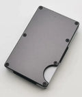 Carbon fibre credit card wallet in aluminium alloy grey showing RFID blocking and card storage