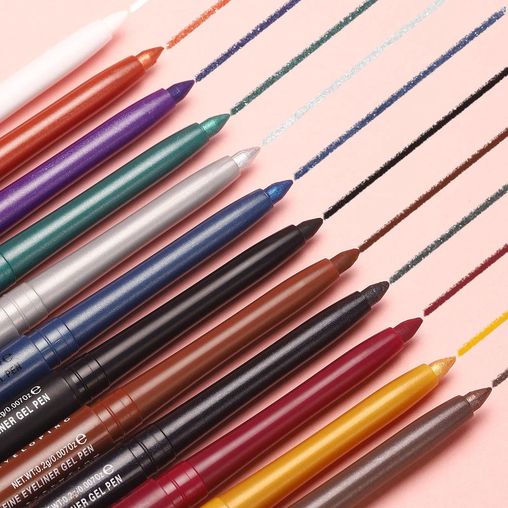 12 colourful gel glitter eyeliner pencils with waterproof formula in matte metallic pearl finishes