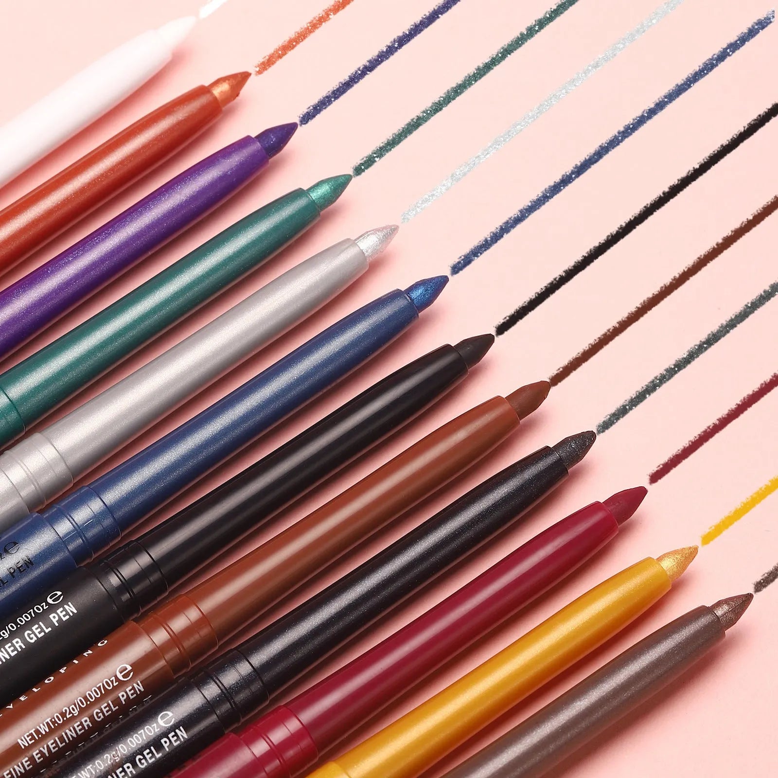12 colourful gel glitter eyeliner pencils with waterproof formula in matte metallic pearl finishes