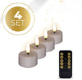 Four taupe LED tealight candles showing flameless design and compact dimensions