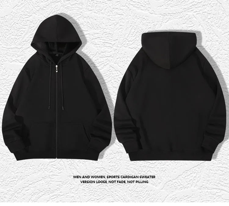 Men's plus size zipper hooded sweater in charcoal grey, showing front zipper and top stitching pockets