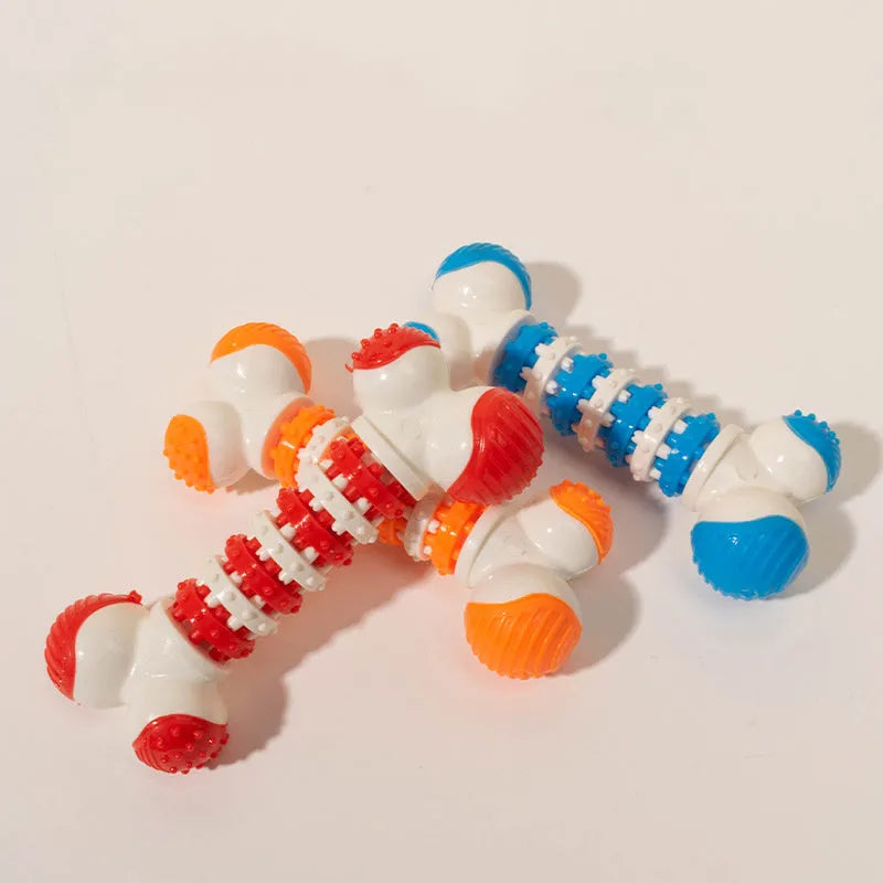 Blue bone-shaped interactive dog toy for small breeds with chewable ends and a treat holder in the centre.