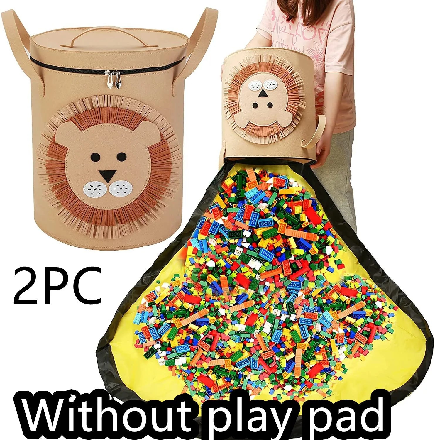 Green felt cube storage bag with pull rope open as a floor play mat for toys.