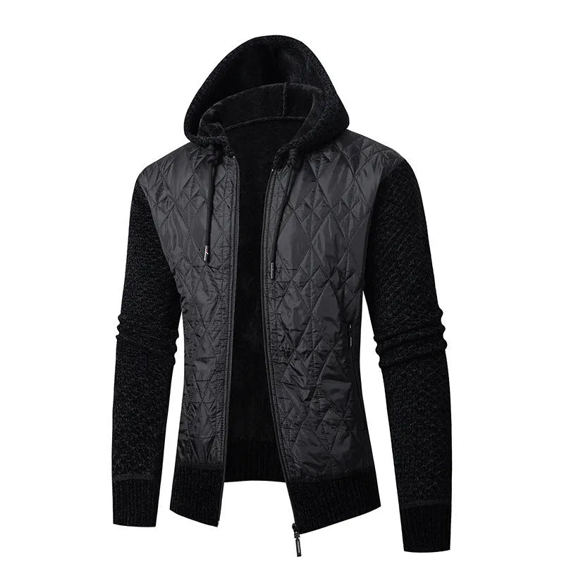 Men's grey hooded sweater coat in wool corduroy with cinched cardigan design for winter wear