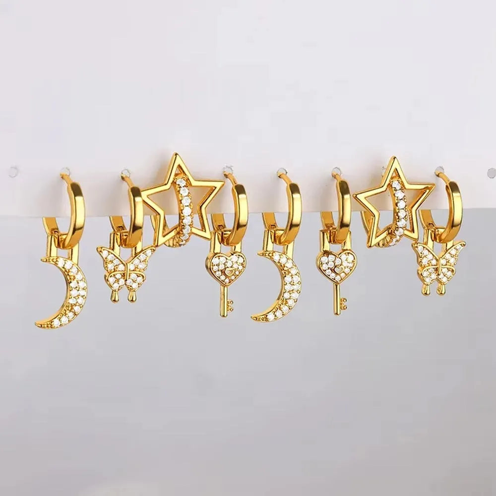 Women's geometric butterfly earrings with heart, star and bow shapes in copper