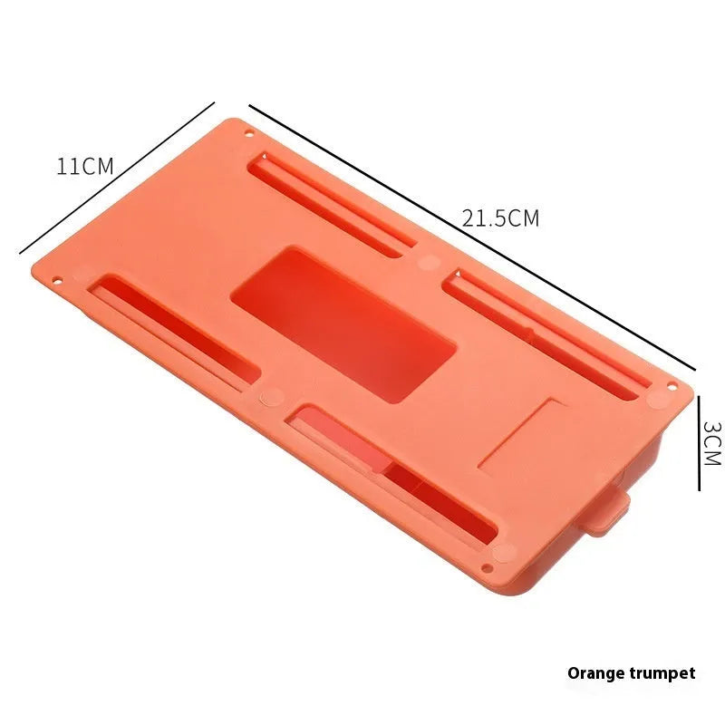 White adhesive under desk storage drawer with lid open, showing interior grid divider.