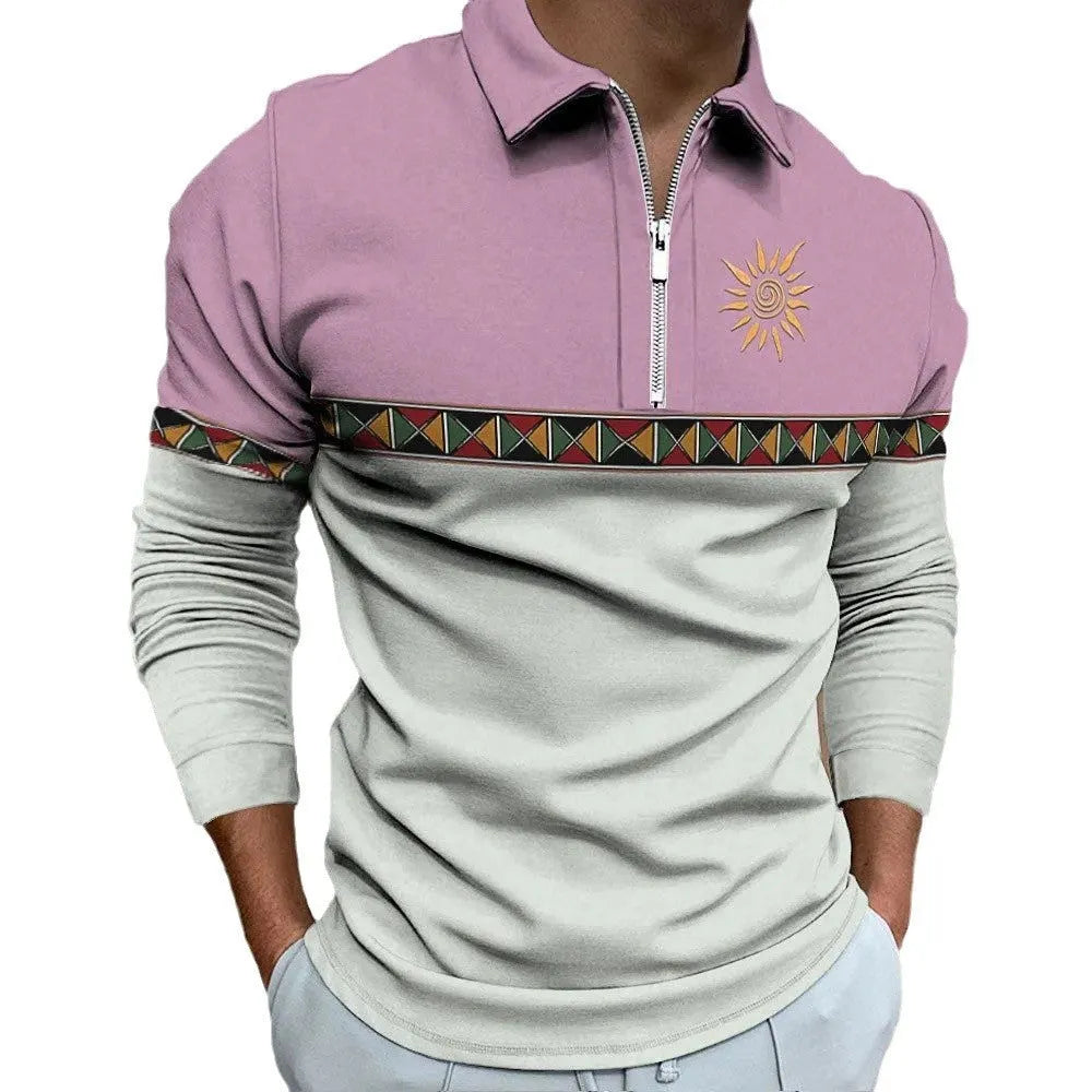 Men's loose fit long sleeve t-shirt with retro stripe printing and zipper detail.