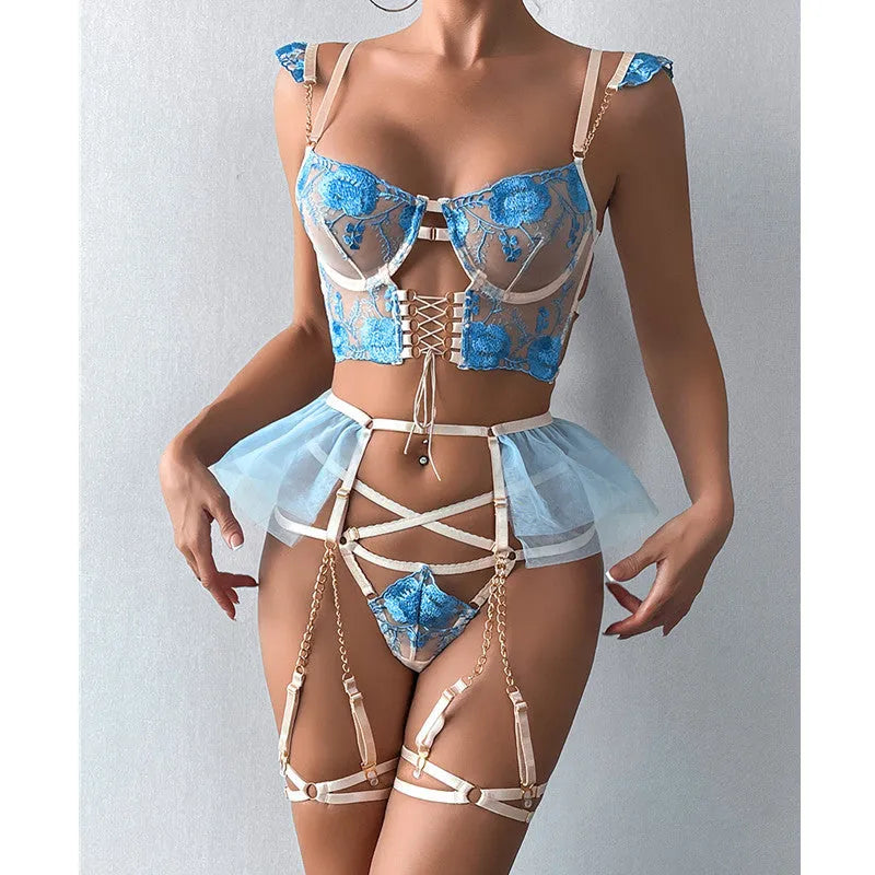 Light blue embroidered lace bra and panty set with transparent mesh design