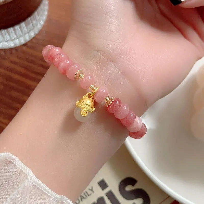 Women's retro strawberry quartz lucky cat bracelet in gray jade colour with animal motif