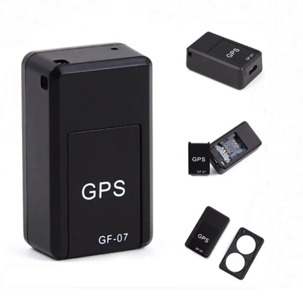 Black mini magnetic GPS tracker device showing dimensions and USB charging port