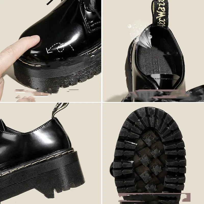 Women's thick soled leather shoes with cross straps and ribbons in black or white colours