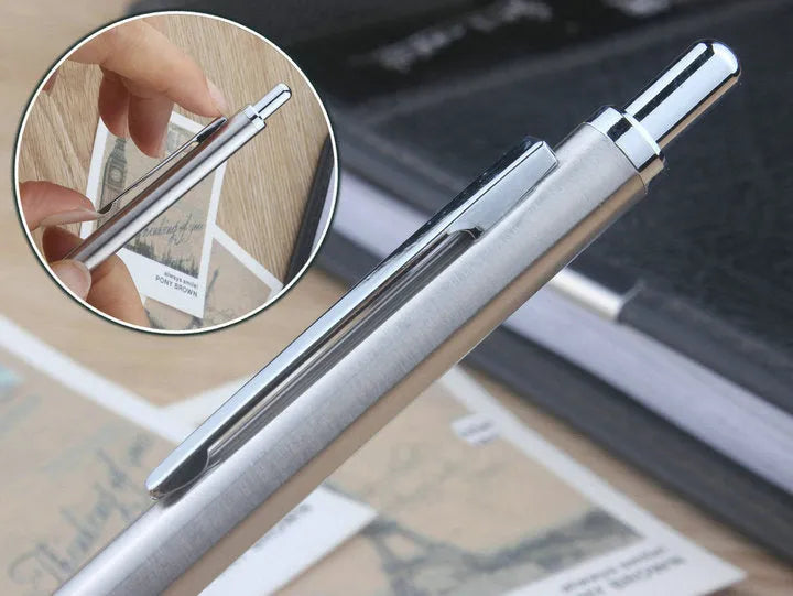 Metal automatic mechanical pencil showing multi-size lead compatibility for 0.5mm, 0.7mm, 0.9mm, 1.3mm and 2.0mm diameters