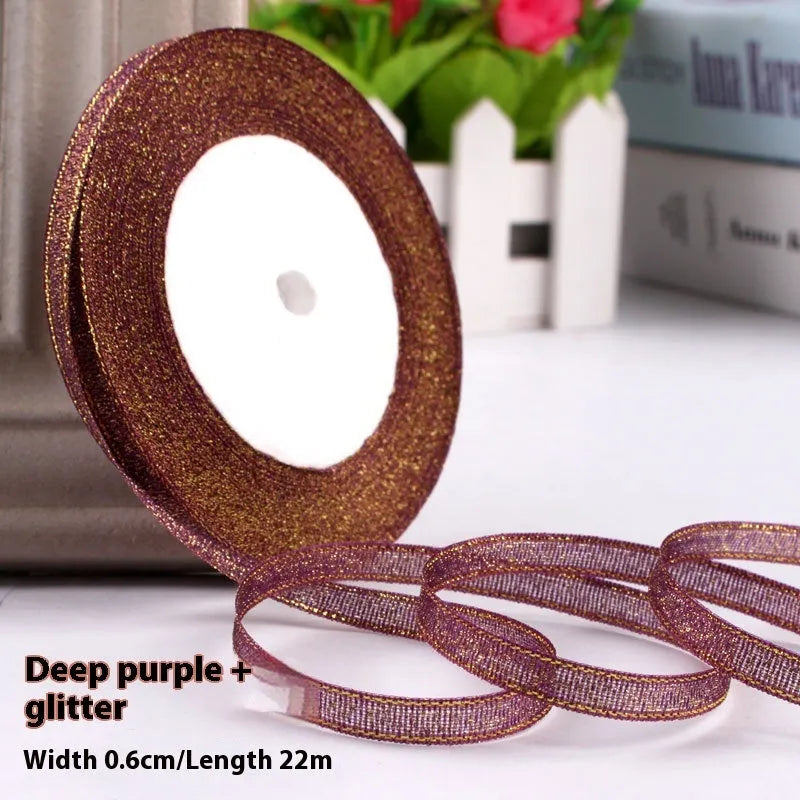 Roll of narrow 0.6cm wide polyester decorative ribbon in multiple colour options including metallic finishes