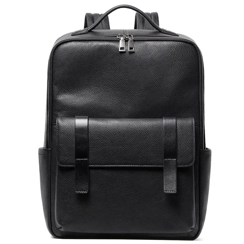 Black genuine leather men's computer backpack with woven details, shown open