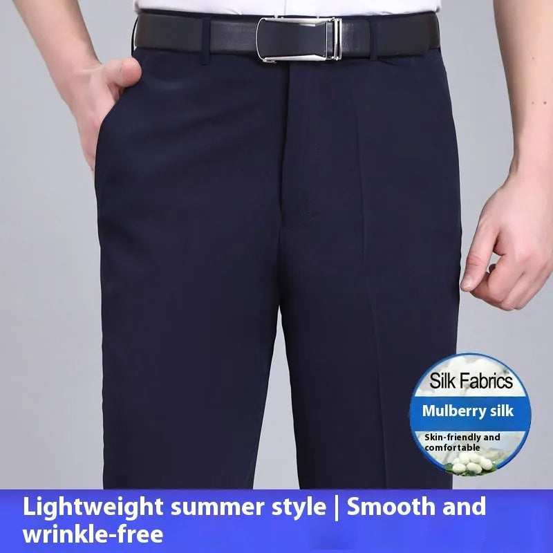 Men's straight cut high waist business trousers in mulberry silk blend fabric