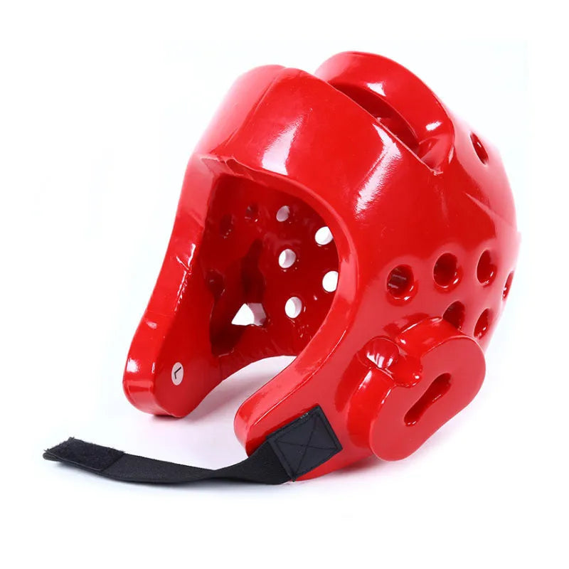 Karate Taekwondo protective gear set showing leg guard, helmet, and boxing gloves in red colour