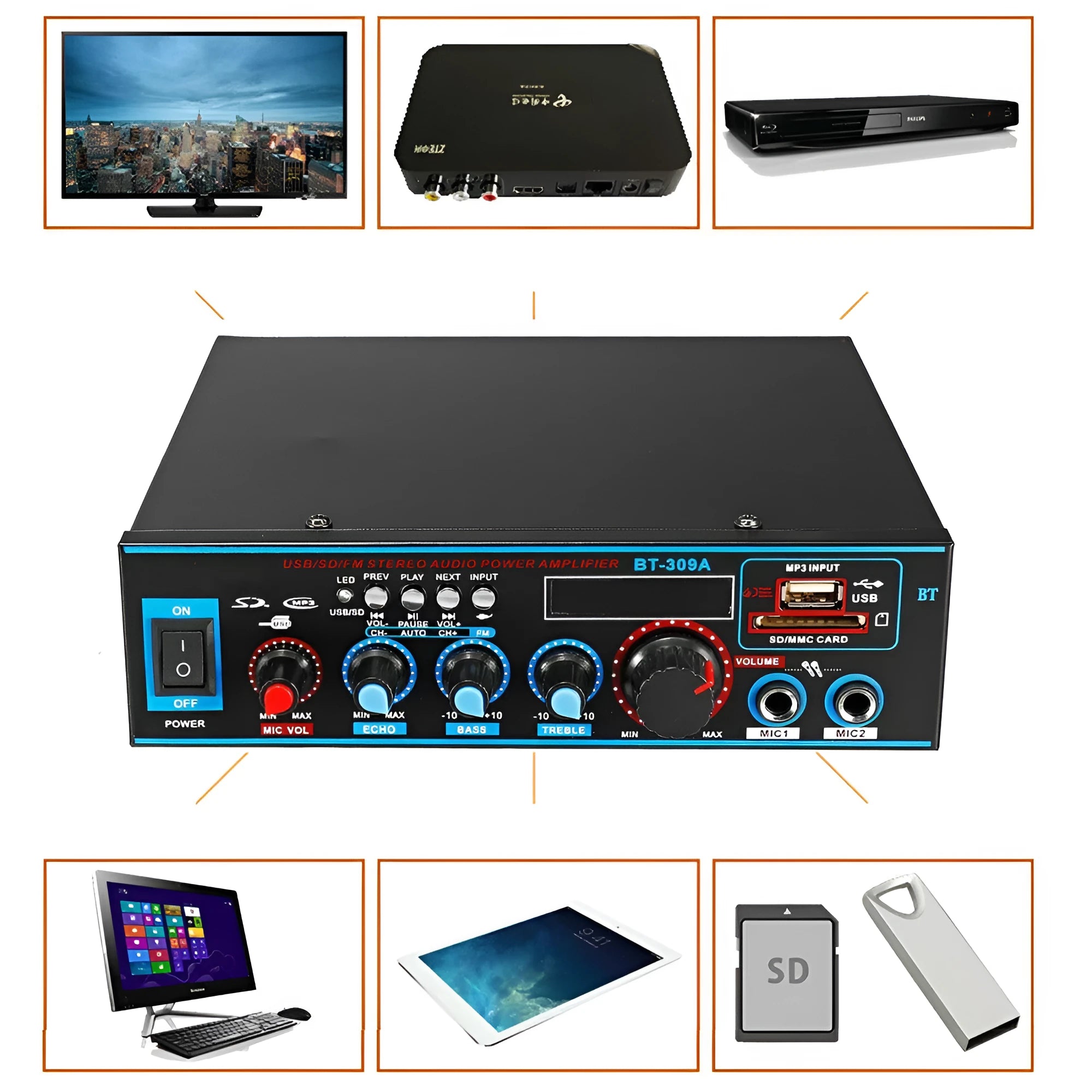 BT-309A-A black dual-voltage Bluetooth power amplifier with recording function
