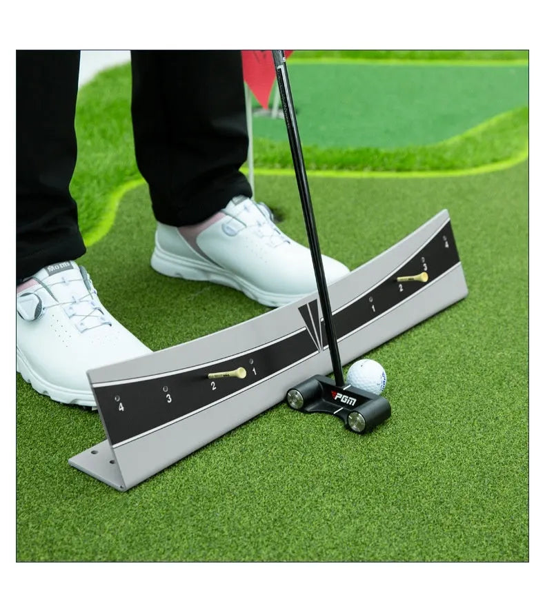 Adjustable golf putter trajectory balance simulator with PVC construction.