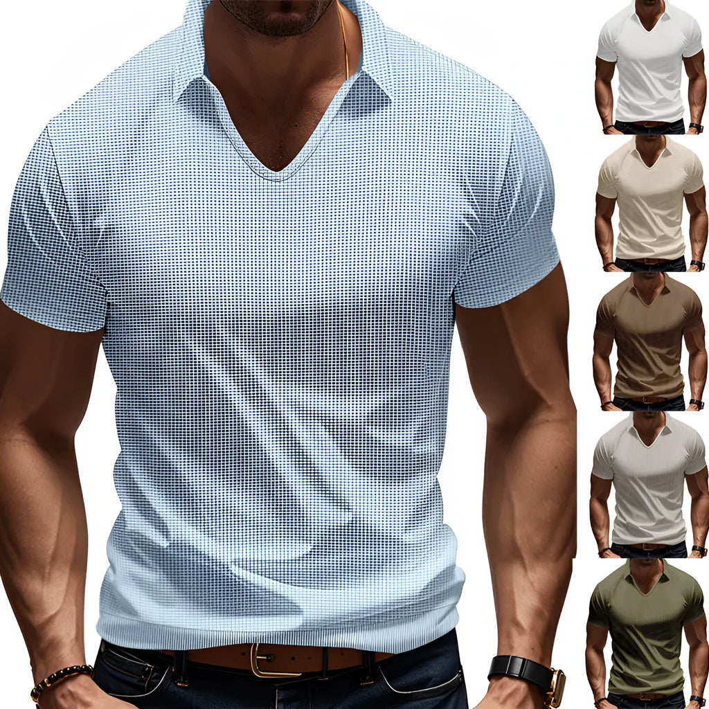 Men's loose light grey V-neck short sleeve casual cotton blend T-shirt laid flat