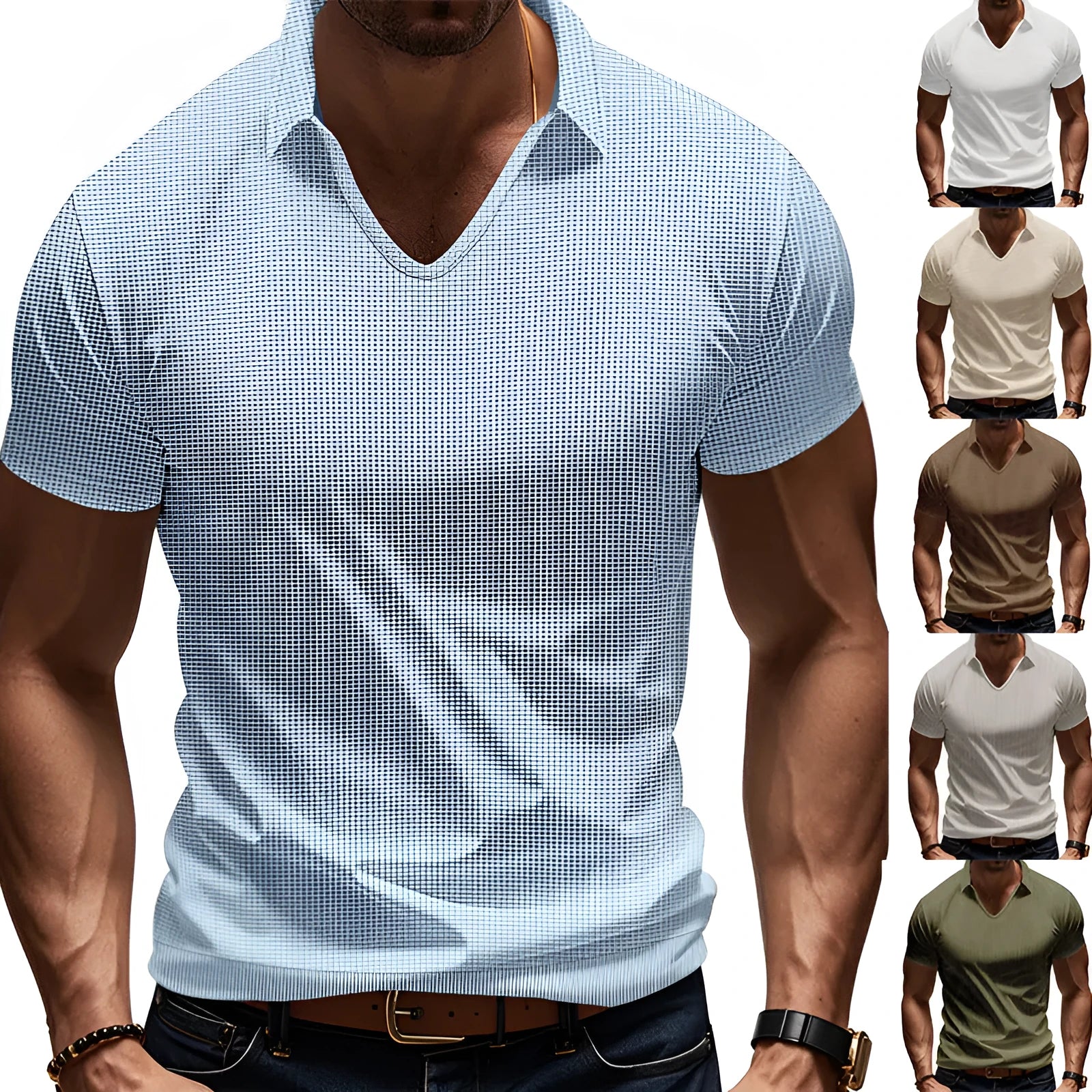 Men's loose light grey V-neck short sleeve casual cotton blend T-shirt laid flat