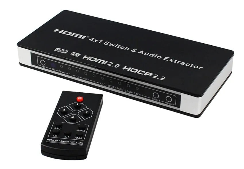 Black HDMI audio switch with 4 inputs and 1 output, remote control included
